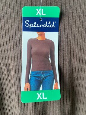 Splendid Women's Ribbed Crew Neck Long Sleeve Tee, Brown or Black, Size XL